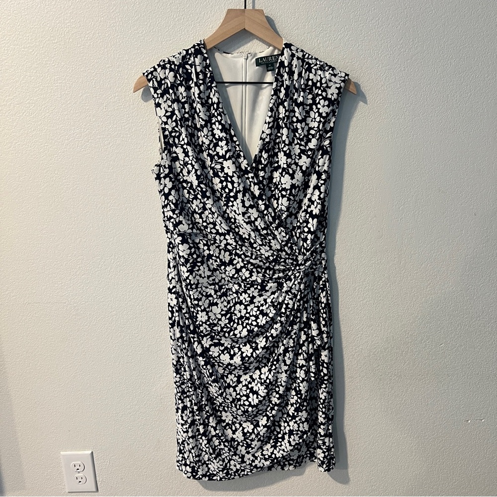 LAUREN Ralph Lauren Navy White Floral Stretch Jersey Knit V Neck Faux Wrap Dress